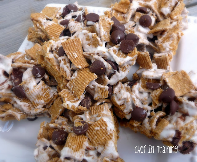 S'more Treats from chef-in-training.com …These bars are AMAZING! Everything you love about s'mores wrapped up into a delicious gooey no bake bar!