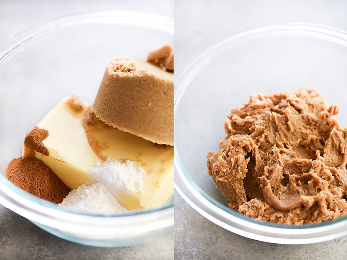 Two pictures side by side. One image showing the ingredients of the cinnamon filling and the other of it mixed together.