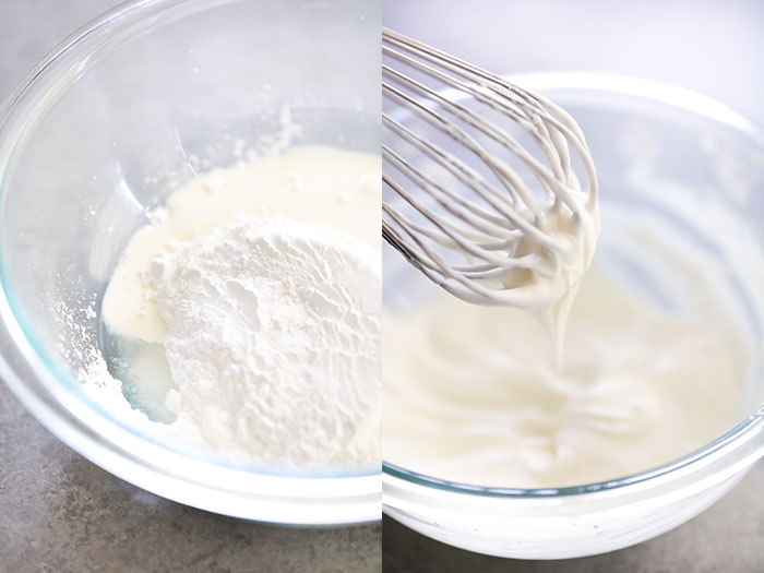 Two images side by side. One image displays ingredients for a vanilla glaze and the other shows them mixed together.