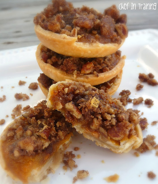 cream cheese and butterscotch pumpkin pies with gingersnap streusel topping
