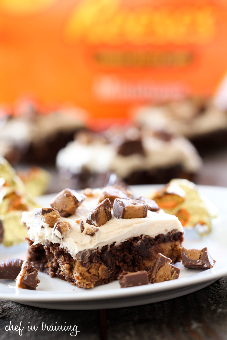 Reeses Brownies with Peanut Butter Buttercream on chef-in-training.com ...A chocolate peanut butter heaven! Must make these soon! #recipe #dessert