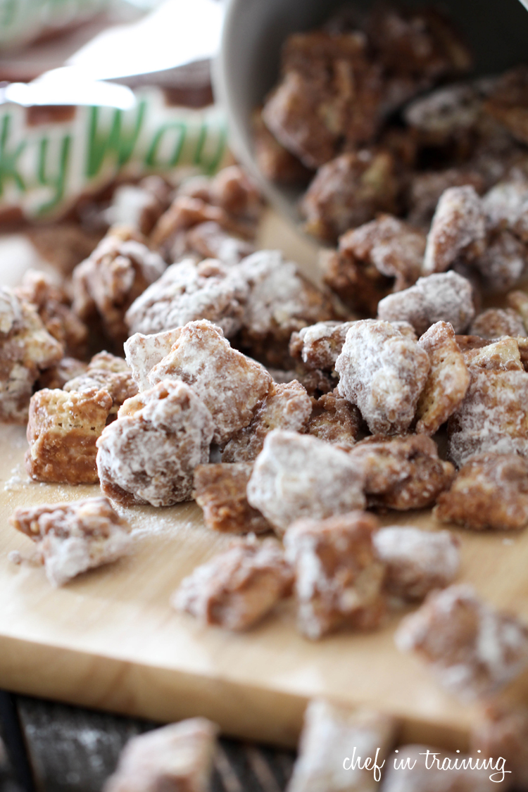 Milky Way Muddy Buddies on chef-in-training.com ...These are so delicious and completely addictive!  #recipe #dessert #chocolate