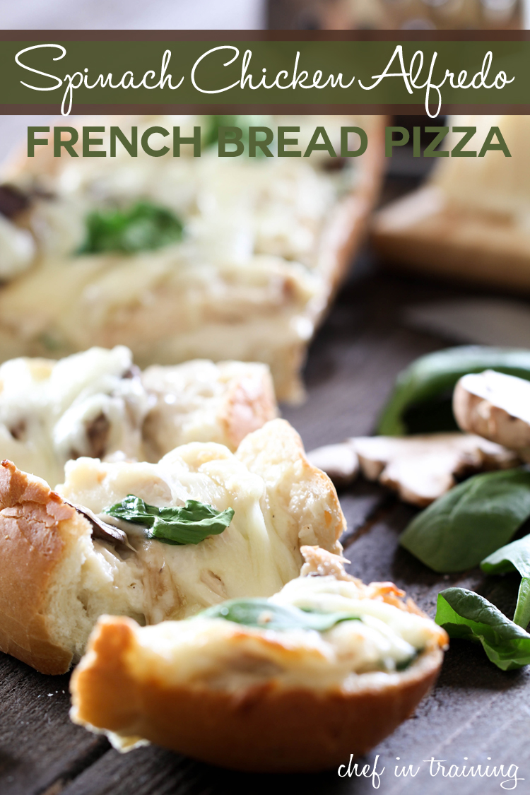 Spinach Chicken Alfredo French Bread Pizza on chef-in-training.com ...Super easy and great dinner for those busy days when there is no time for the kitchen! A family favorite! #dinner #recipe #pizza