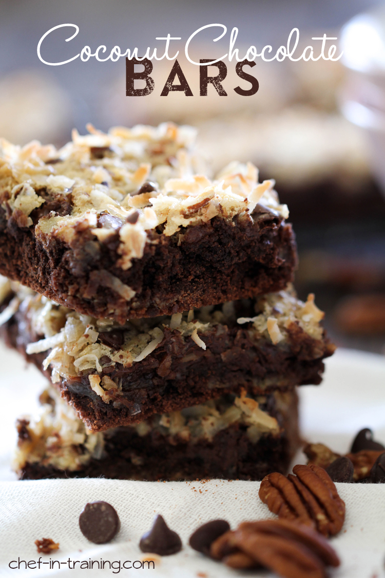 Coconut Chocolate Brownies stacked on top of each other.