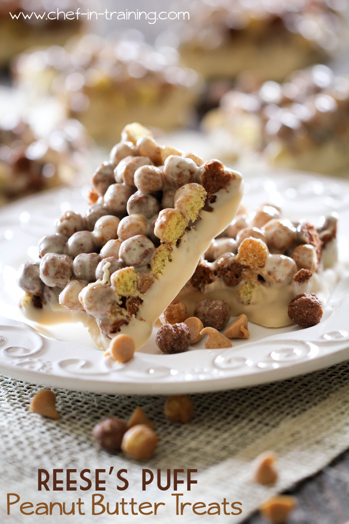 Reese's Puff Peanut Butter Treats from chef-in-training.com ...These are just like the Lucky Charms Treats, only perfected for a peanut-butter/chocolate lover! These are DELISH!