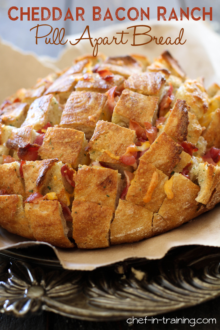 Cheddar Bacon Ranch Pull Apart Bread from chef-in-training.com ...This appetizer whips up in minutes and is a crowd pleaser! Seriously, it is SO delicious!