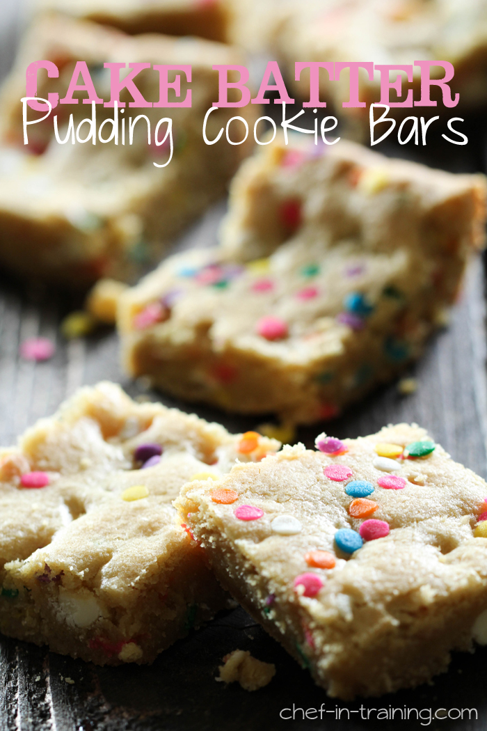 Cake Batter Pudding Cookie Bars from chef-in-training.com ...These bars are insanely delicious! So soft and full of cake batter flavor! A family favorite!