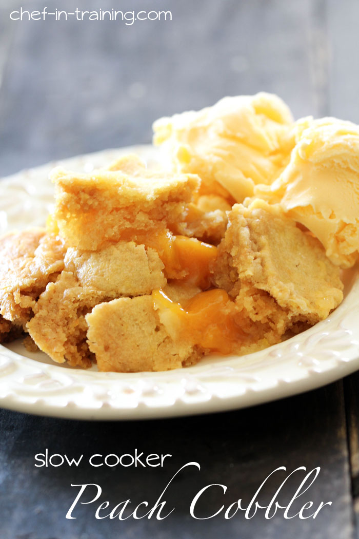 Slow Cooker Peach Cobbler from chef-in-training.com ... Only THREE ingredients and super good!