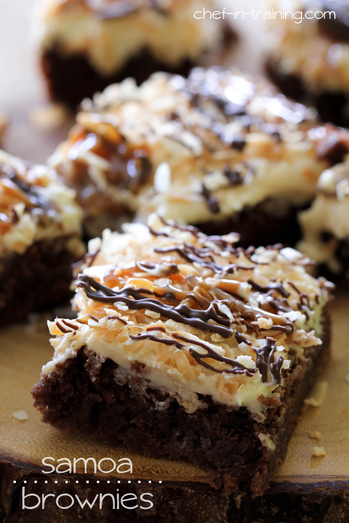 Samoa Brownies from chef-in-training.com ...Rich fudgy brownies topped with a delicious salted caramel buttercream, toasted coconut, chocolate and caramel.. how could go wrong?!