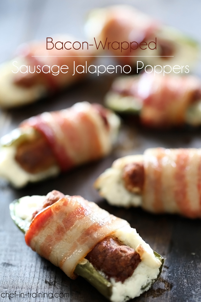 Bacon-Wrapped Sausage Jalapeño Poppers... The perfect appetizer for game day! Packed with heat, cool cream cheese and sizzling flavor!