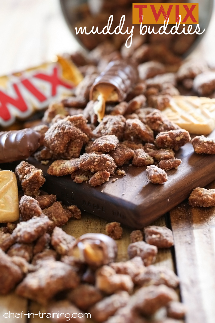 Twix Muddy Buddies from chef-in-training.com ...These are insanely delicious! Caramel and chocolate coated cereal coated in shortbread cookie crumbs! YUM!