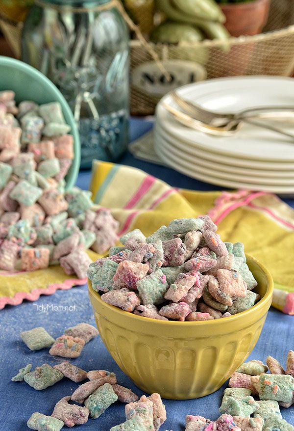 Cake Batter "Puppy Chow" snack mix recipe at TidyMom.net