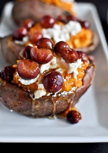 Roasted Grape, Goat Cheese, and Honey Stuffed Sweet Potatoes