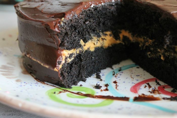 Black Cocoa Cake with Peanut Butter Filling and Sour Cream Chocolate Frosting