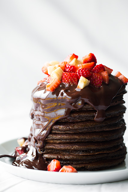 Chocolate Pancakes with Chocolate Sauce, Strawberries and Bananas