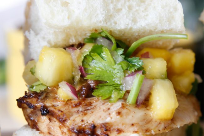 Jerk Chicken Sliders with Pineapple Mango Salsa