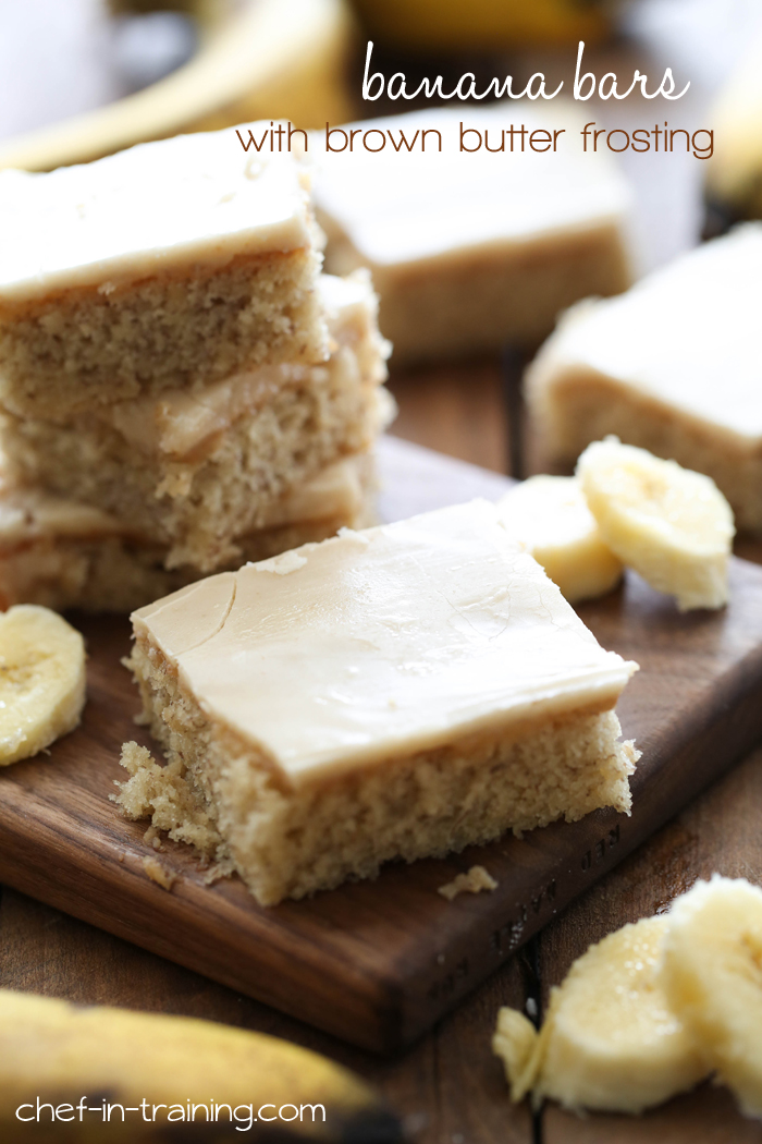 Banana Bars with Brown Butter Frosting from chef-in-training.com …These bars are so soft and delicious! The perfect way to use up some ripe bananas!
