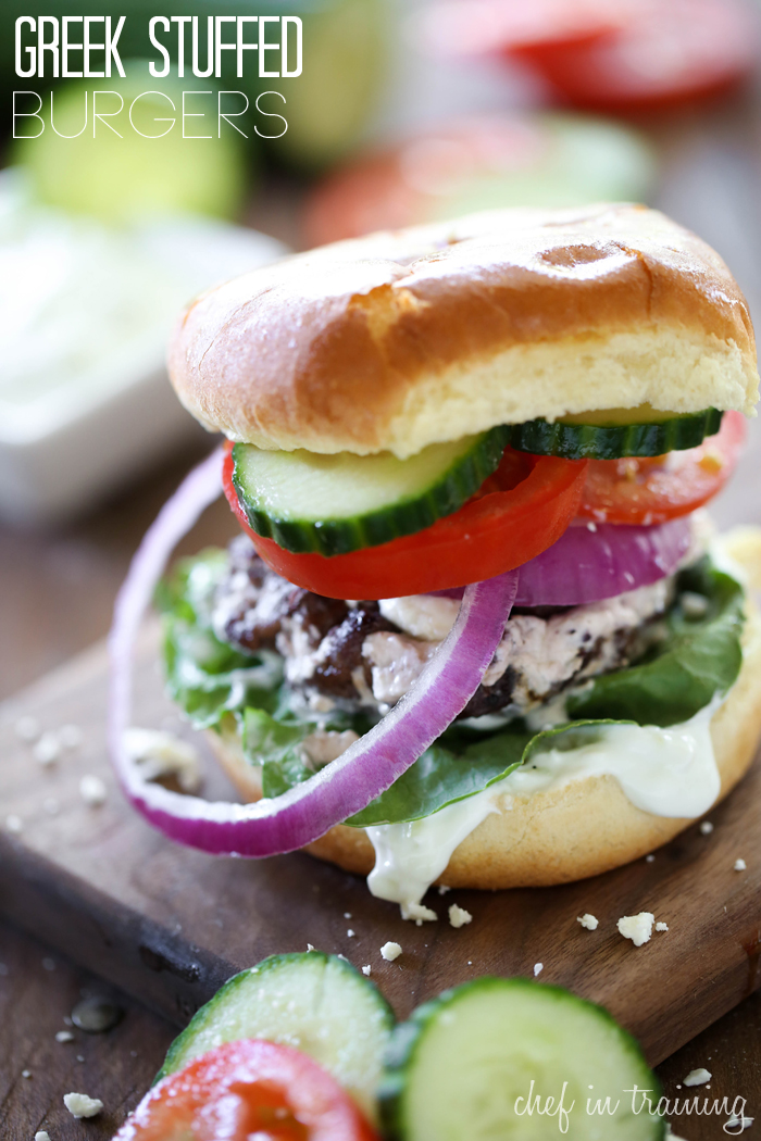Greek Stuffed Burgers from chef-in-training.com …Greek Salad meets burger and the result is AMAZING! Seriously, once you try stuffed burgers there is no going back!