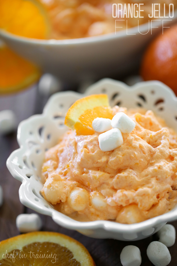 Orange Jello Fluff from chef-in-training.com …A super easy and delicious side that is a crowd pleaser no matter where it goes!