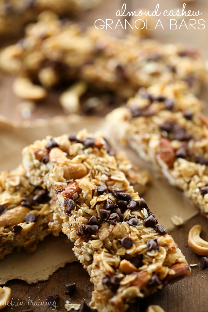 Almond Cashew Granola Bars from chef-in-training.com …These are so easy to make, have a delicious flavor, yummy crunch and are perfect for on the go snacks!