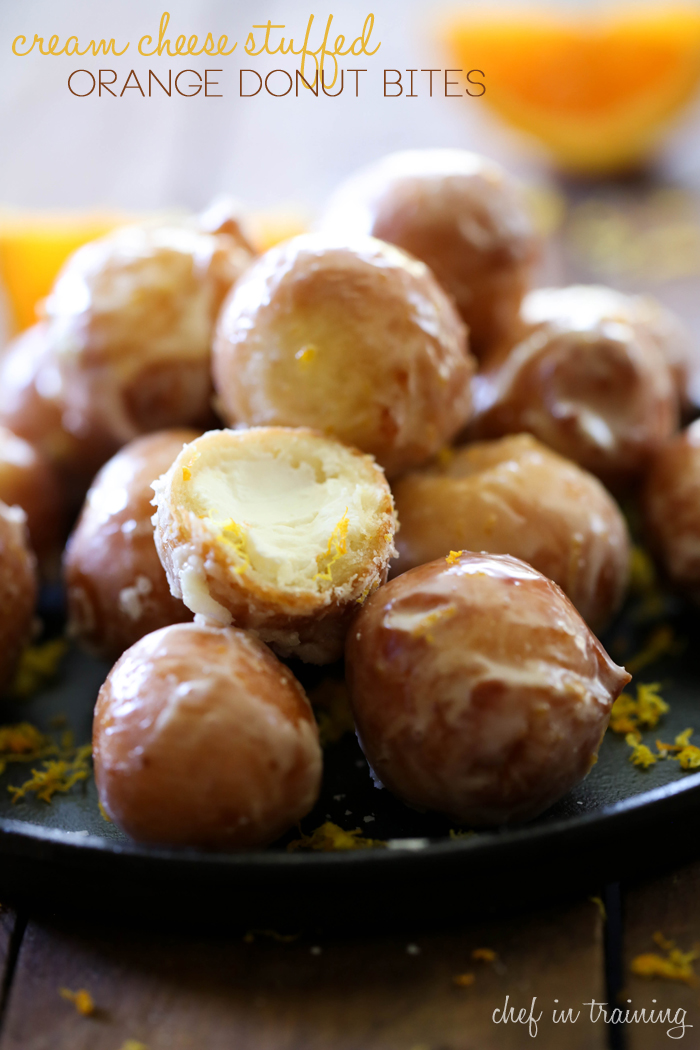 Cream Cheese Stuffed Orange Donut Bites. from chef-in-training.com ...These are absolutely heavenly! The cream center with a hint of orange makes this dessert irresistible! They are amazing!