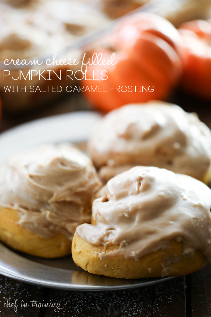 Cream Cheese Filled Pumpkin Rolls with Salted Caramel Frosting... These are fantastic! The filling really makes them unique and the frosting is the perfect topping and really adds to the delicious flavor!