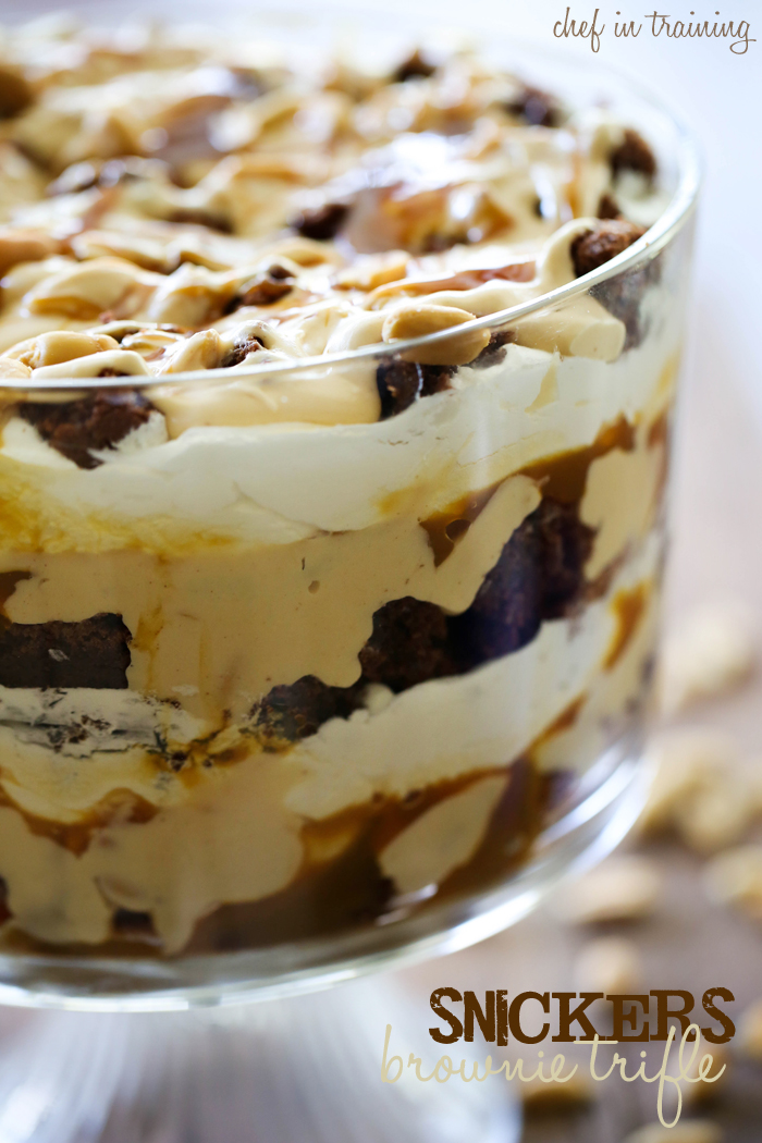 Snickers Brownie Trifle from chef-in-training.com. ...If you love snickers, then you will love this trifle! Chocolate, nougat, caramel, peanuts.. all ingredients for delicious!