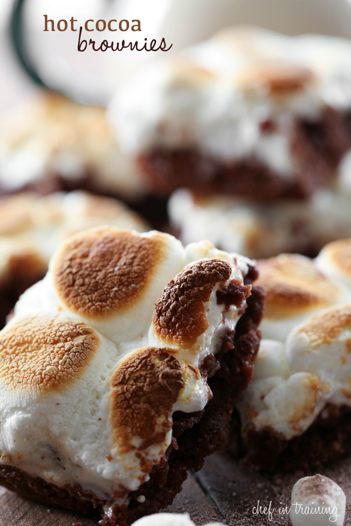 Hot Cocoa Brownies from chef-in-training.com ...Hot cocoa mix is used in the batter of these brownies and gooey marshmallows take them over the top!