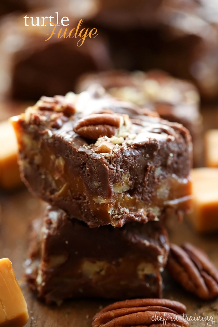 Turtle Fudge from chef-in-training.com ...This fudge is packed with chocolate, caramel and pecans! It is smooth and creamy, ooey gooey with just the right amount of crunch from the nuts!