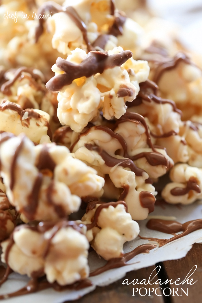 Avalanche Popcorn... this popcorn is SO addicting. Which chocolate, peanut butter, marshmallows, crispy cereal and drizzled in milk chocolate- it is heavenly!