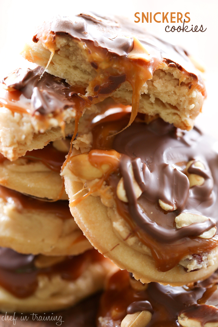 Snickers Cookies from chef-in-training.com ...If you love Snickers, then you will absolutely LOVE these cookies! Shortbread cookies topped with nougat, caramel and chocolate! They are seriously heaven!