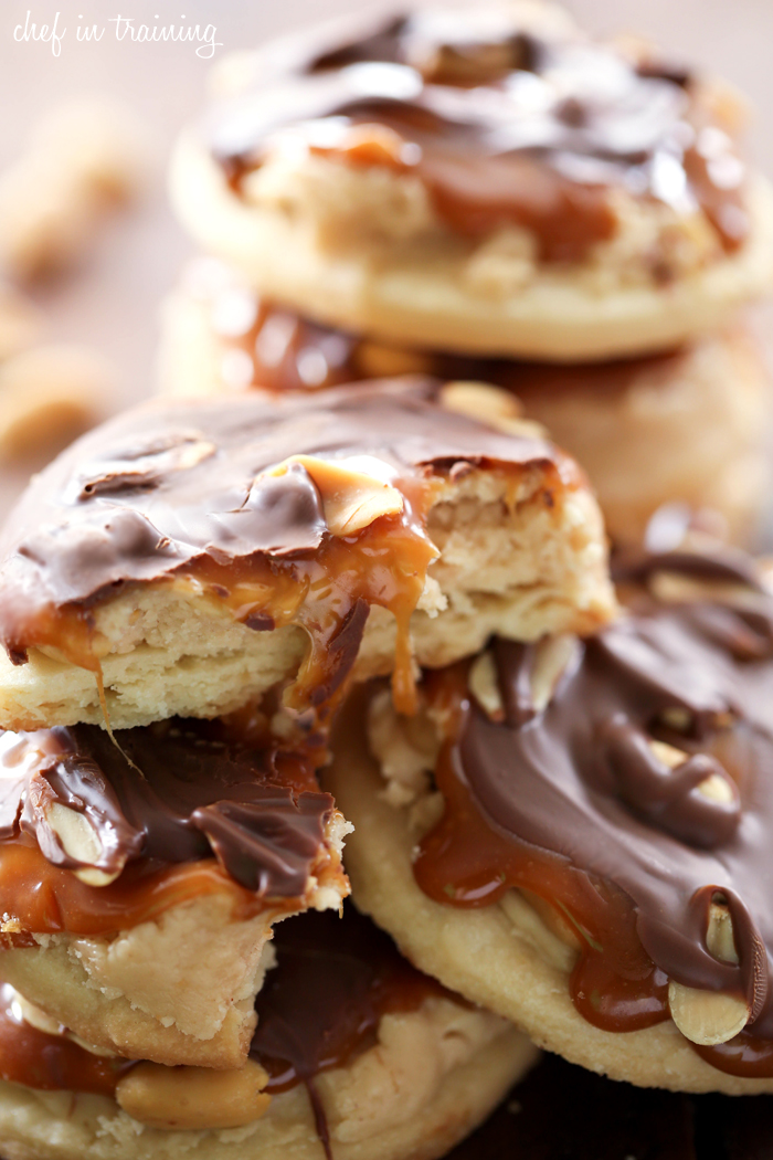 Snickers Cookies from chef-in-training.com ...If you love Snickers, then you will absolutely LOVE these cookies! Shortbread cookies topped with nougat, caramel and chocolate! They are seriously heaven!