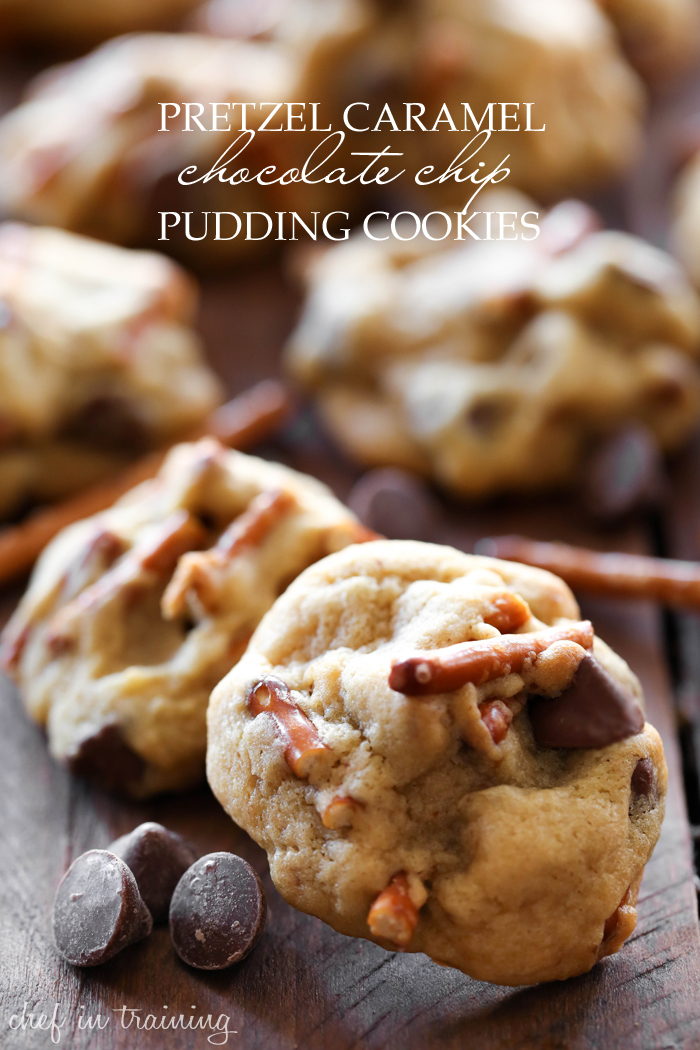 Pretzel Caramel Chocolate Chip Pudding Cookies... The perfect Salty-Sweet combo with a great blend of textures! These cookies are absolutely delicious!