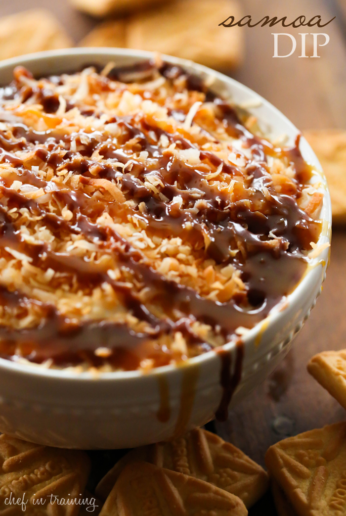 Samoa Dip... Inspired by the favorite girl scout cookie, this dip is packed with caramel, coconut, chocolate goodness and made into one creamy, addicting and delicious appetizer!
