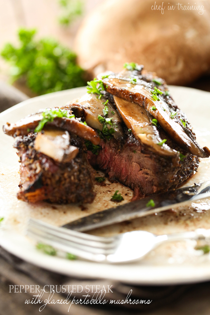 Pepper-Crusted Steak with Glazed Portobello Mushrooms... this steak will be one of THE BEST steaks you ever eat! It tastes like it comes straight from a 5 Star Restaurant!