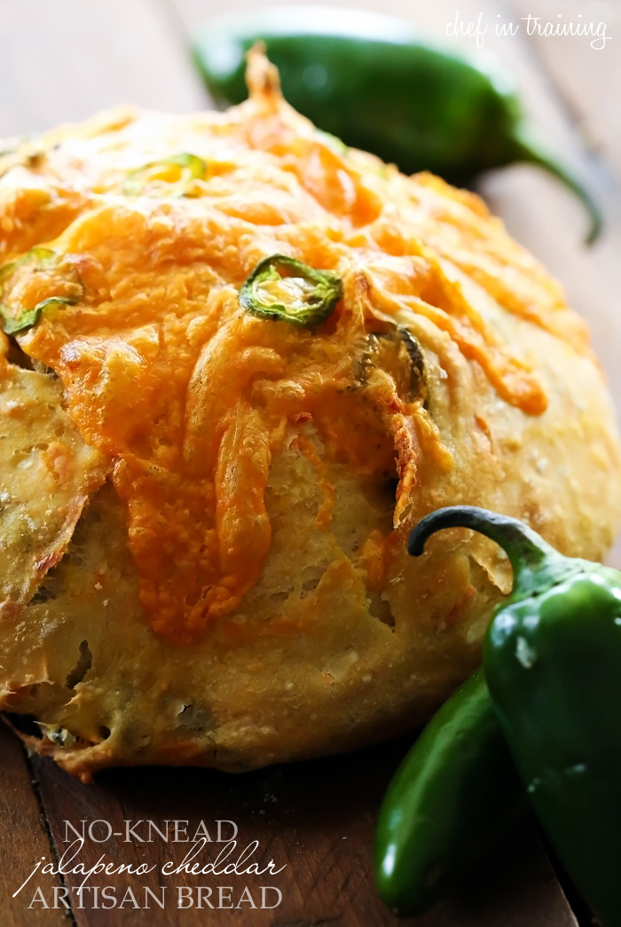 No-Knead Jalapeño Cheddar Artisan Bread... This bread is FOOL PROOF! It has a crunchy crisp crust with a soft center and has a delicious kick to it!