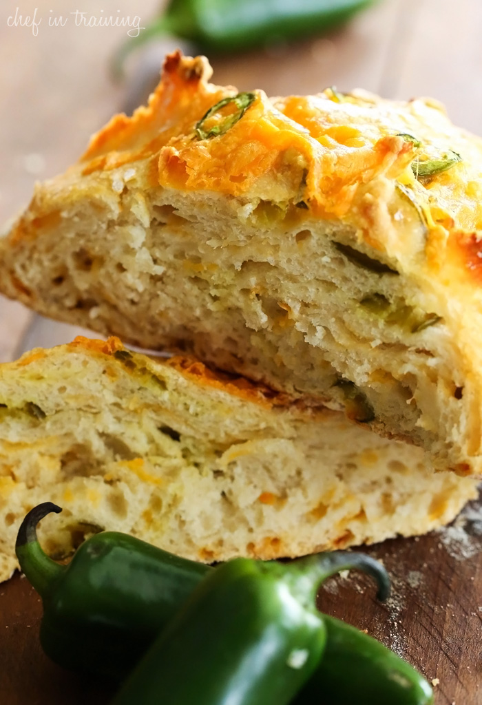 No-Knead Jalapeño Cheddar Artisan Bread... This bread is FOOL PROOF! It has a crunchy crisp crust with a soft center and has a delicious kick to it!