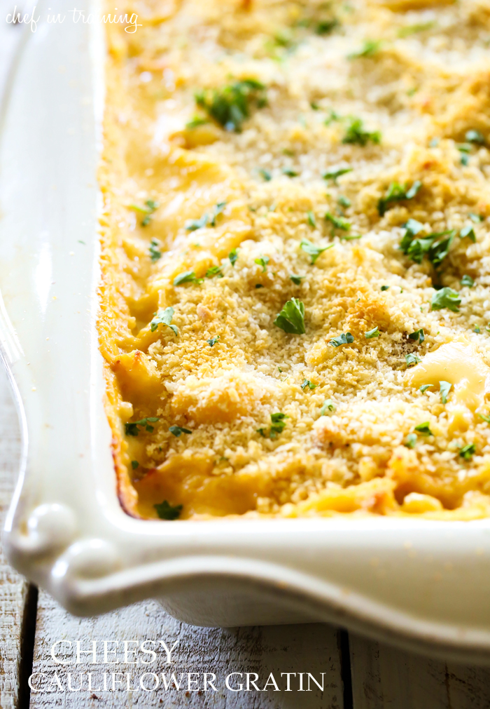 Cheesy Cauliflower Gratin... This side dish is INCREDIBLE! It is cheesy and flavorful and is a tasty way to get even the picky eaters to eat their vegetables!