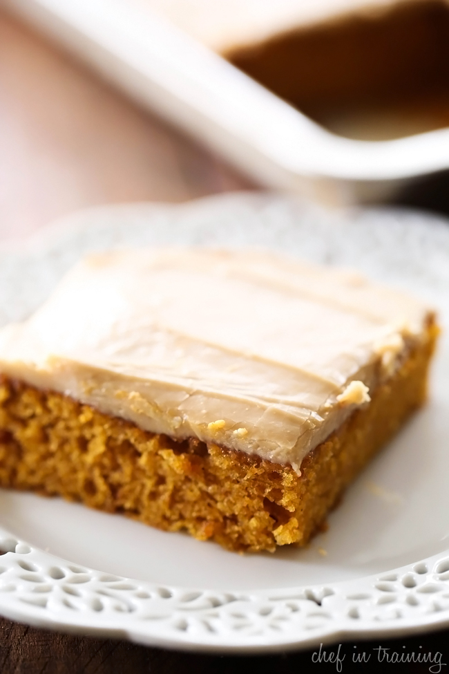 Caramel Pumpkin Sheet Cake... This will be the BEST dessert you make this fall! The caramel-pumpkin combination is HEAVENLY! The cake is so moist and the caramel frosting is the perfect finishing touch!