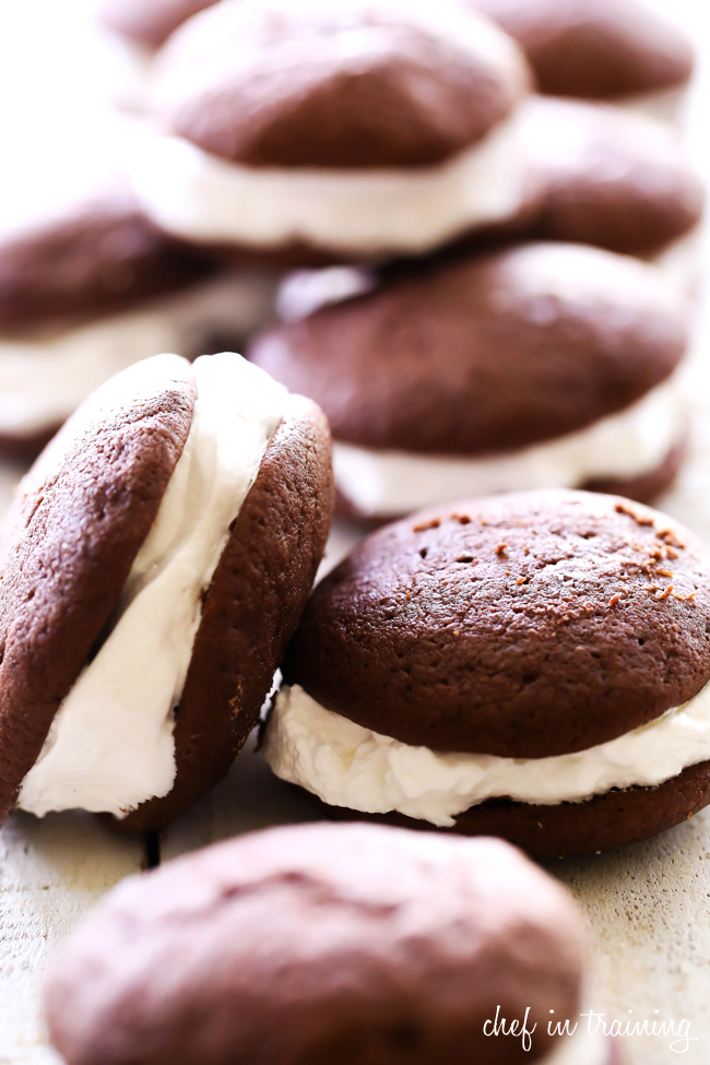Chocolate Whoopie Pies... These cookies are soft, chocolatey and dreamy! The marshmallow-like frosting is the perfect filling! They are truly spectacular!