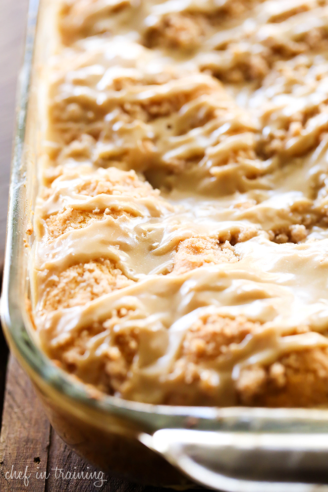 Caramel Apple Crumb Breakfast Cake... This recipe is absolutely DELICIOUS! Apple cake with crumb mixture swirled both in the center and over the top and drizzled in the most amazing caramel glaze!
