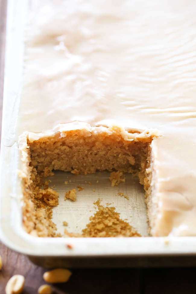 Peanut Butter Sheet Cake... If you love peanut butter, then you absolutely need to try this MELT-IN-YOUR-MOUTH Peanut Butter Sheet Cake. It is truly amazing!