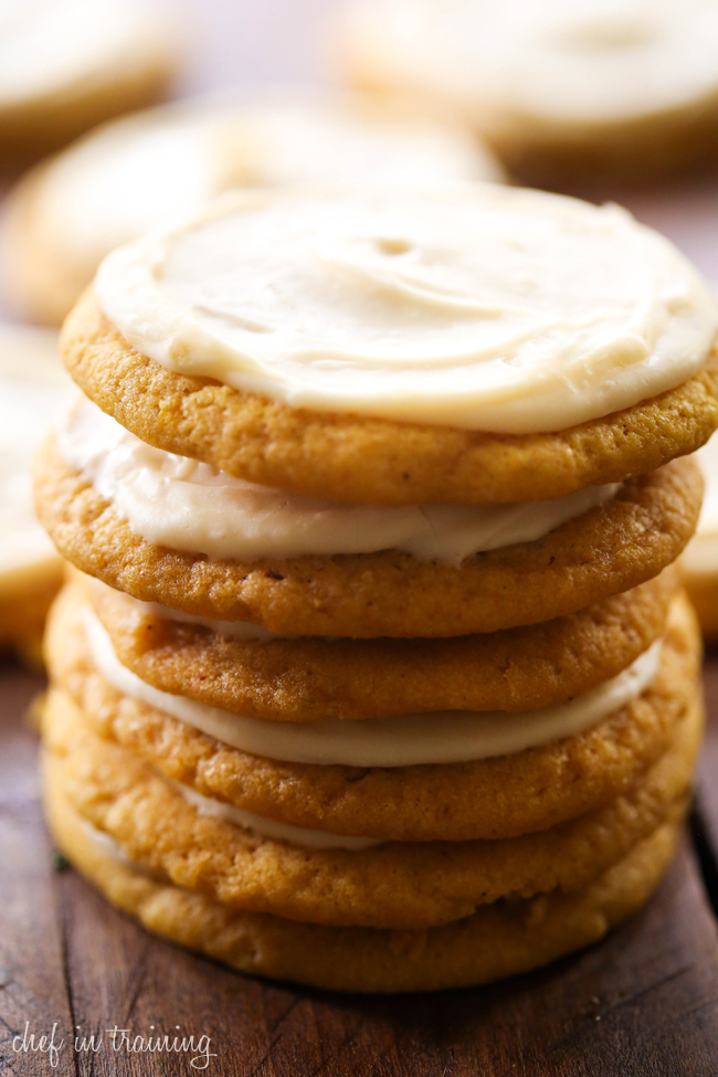 Soft Pumpkin Sugar Cookies with Caramel Cream Cheese Frosting... These will be some of THE BEST pumpkin cookies you ever try! The frosting on top is out of this world and the perfect compliment to these delicious cookies!