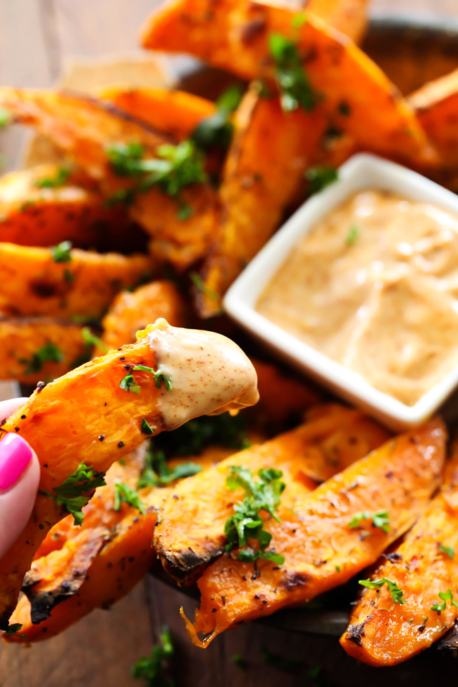 These Sweet Potato Wedges are SO yummy and the Honey Chipotle Dipping Sauce is the PERFECT compliment! They are savory and absolutely incredible! 