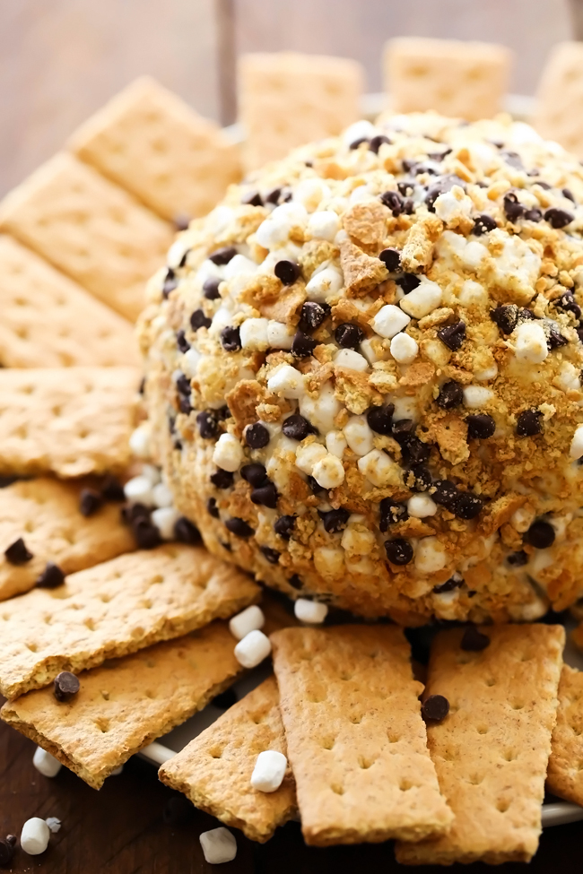 S'more Cheese Ball... Marshmallows, chocolate and graham crackers combine to make one delicious sweet cheese ball. It is everything you love about s'mores wrapped up into on tasty dessert appetizer!