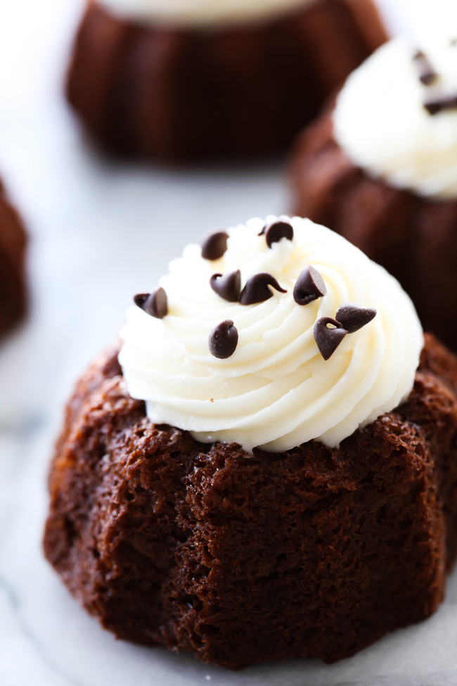 Mini Chocolate Bundt Cakes... These are an extremely moist chocolate cake with a delicious cream cheese frosting on top. It makes for an easy and tasty personal size treat!