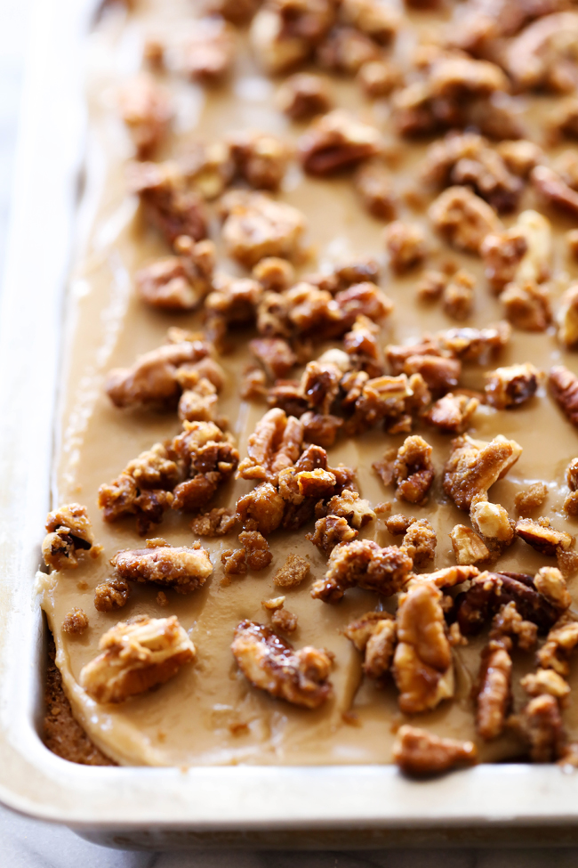 Praline Sheet Cake... A moist and delicious brown sugar sheet cake with an amazing caramel frosting. The sheet cake is topped wight he most delicious sweet and crunchy pralines for a perfect bite each and every time!
