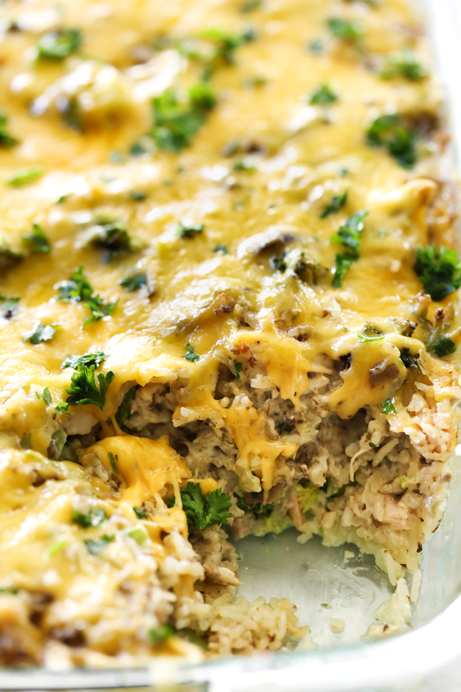 This Chicken Broccoli Rice Casserole is made with delicious ingredients and is a wonderful all-in-one-meal! It is made with a homemade mushroom soup recipe which really adds to the incredible flavor! This will be an instant new family favorite!