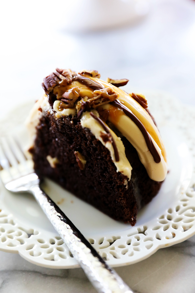 Turtle Bundt Cake... This cake is beyond delicious and will be one of the most moist and flavorful cakes you ever try! Caramel, chocolate sand pecans combine for a perfect blend of flavors and textures. You will not be able to stop at just one slice!