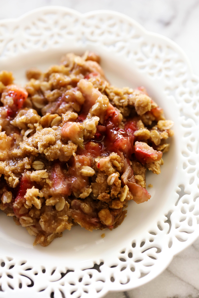 This Strawberry Rhubarb Crisp is full of flavor and texture! It receives rave reviews by all who try it. The crumb topping on top is perfection. This will be one of THE BEST crisps you ever try!